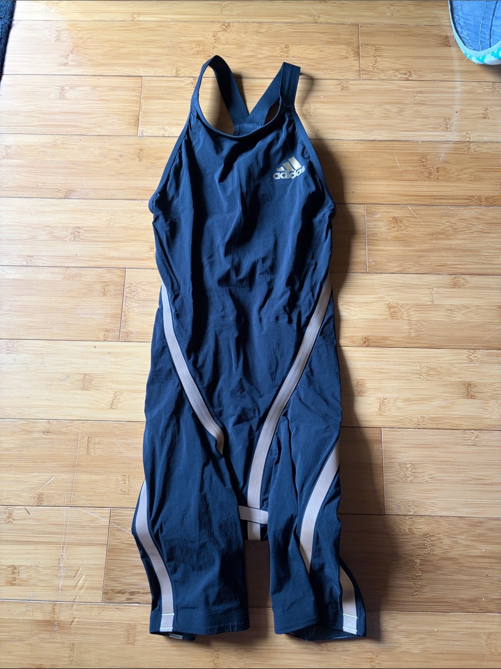 Adidas Black Racing Tech suit with Taupe Stripe Accents